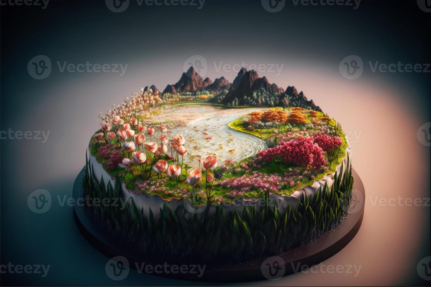 vicino su di un' torta con fiori su esso. generativo ai. foto