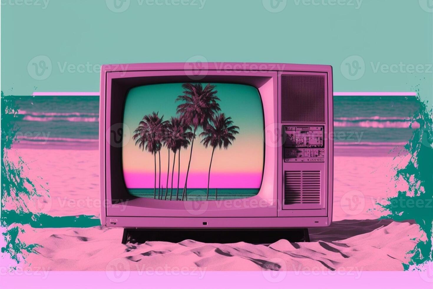 televisione seduta su superiore di un' sabbioso spiaggia. generativo ai. foto