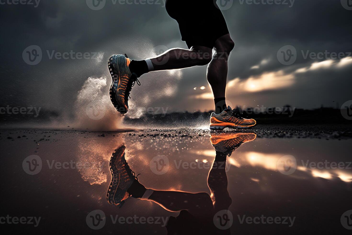 foto dietro a gambe di atleta in esecuzione su il strada pista nel tramonto formazione per maratone e fitness. ai generato