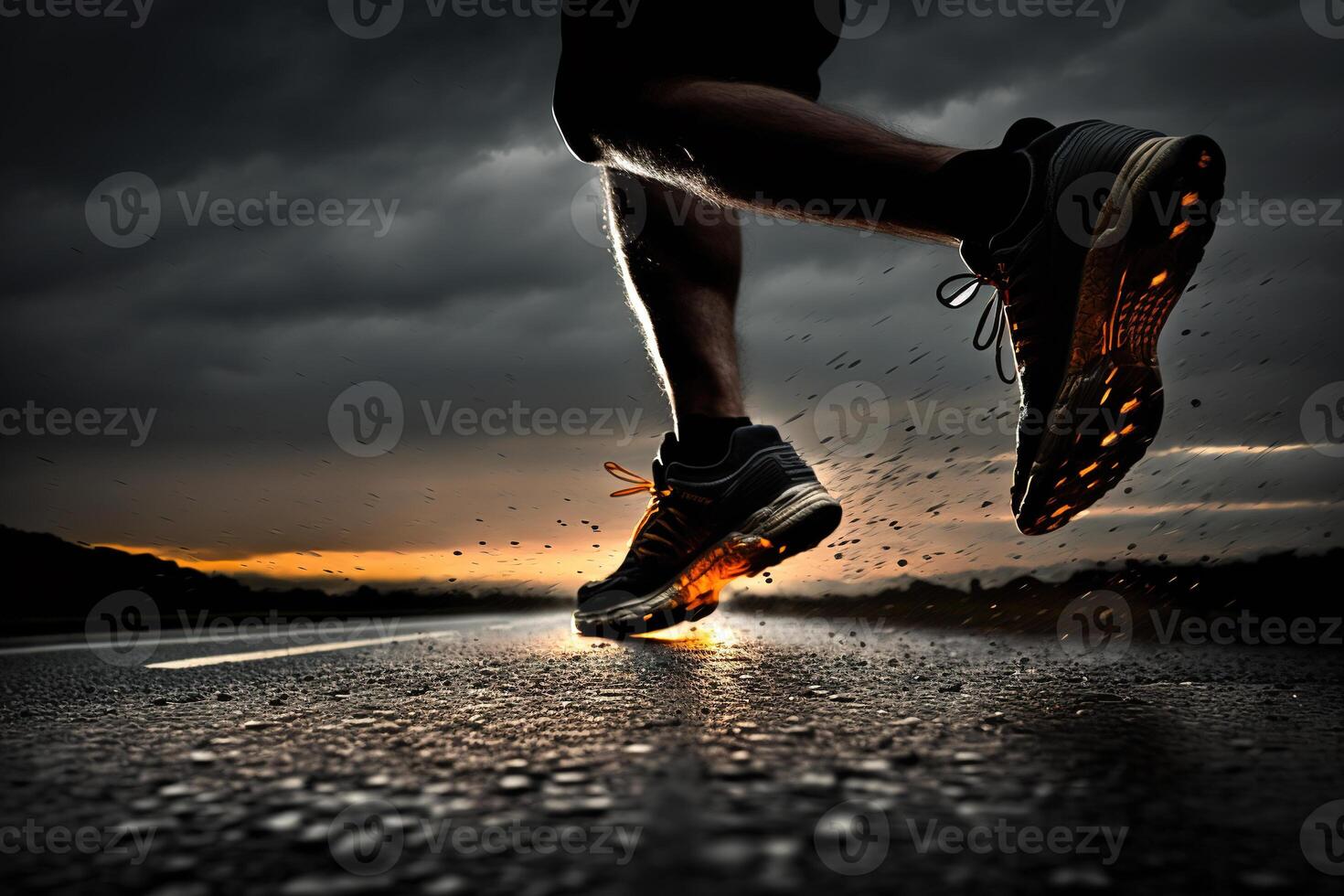 foto dietro a gambe di atleta in esecuzione su il strada pista nel tramonto formazione per maratone e fitness. ai generato