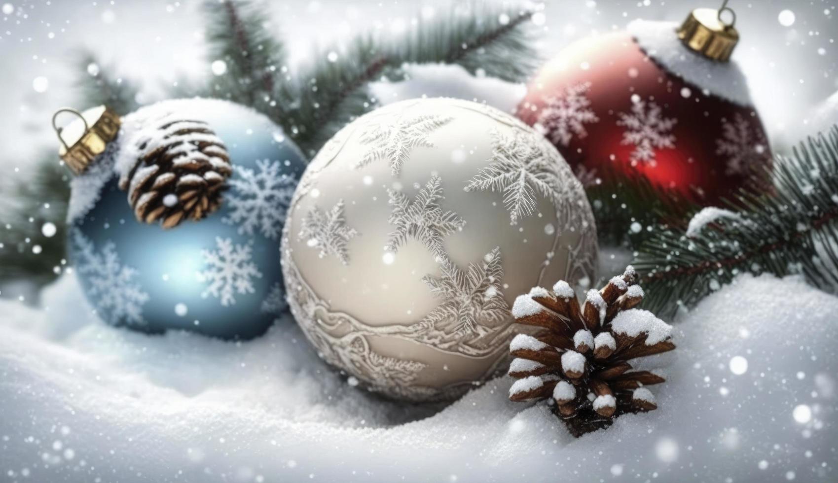 allegro Natale - palline su neve con abete rami, Natale, sfondi, neve, Natale ornamento, vacanza - evento, creare ai foto
