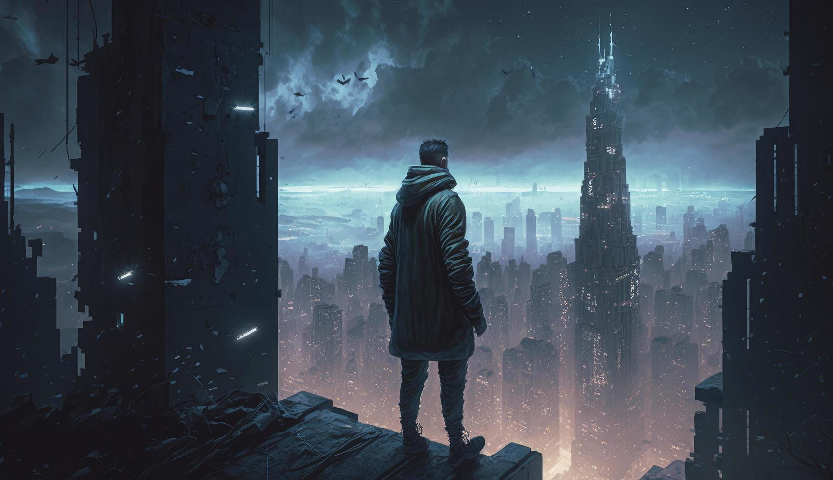 un' uomo in piedi su il tetto di un' fatiscente grattacielo, guardare su a il città luci, creare ai foto