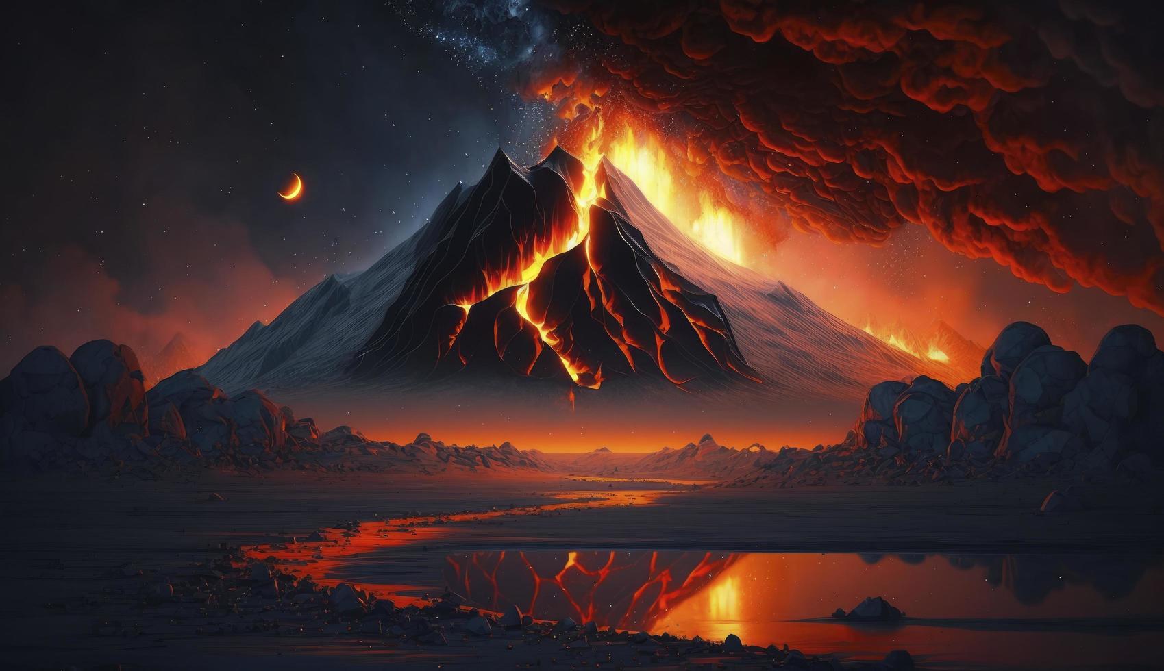 illustrazione pittura di notte paesaggio con vulcano e ardente lava. vulcano eruzione, fantasia paesaggio. 3d illustrazione, creare ai foto