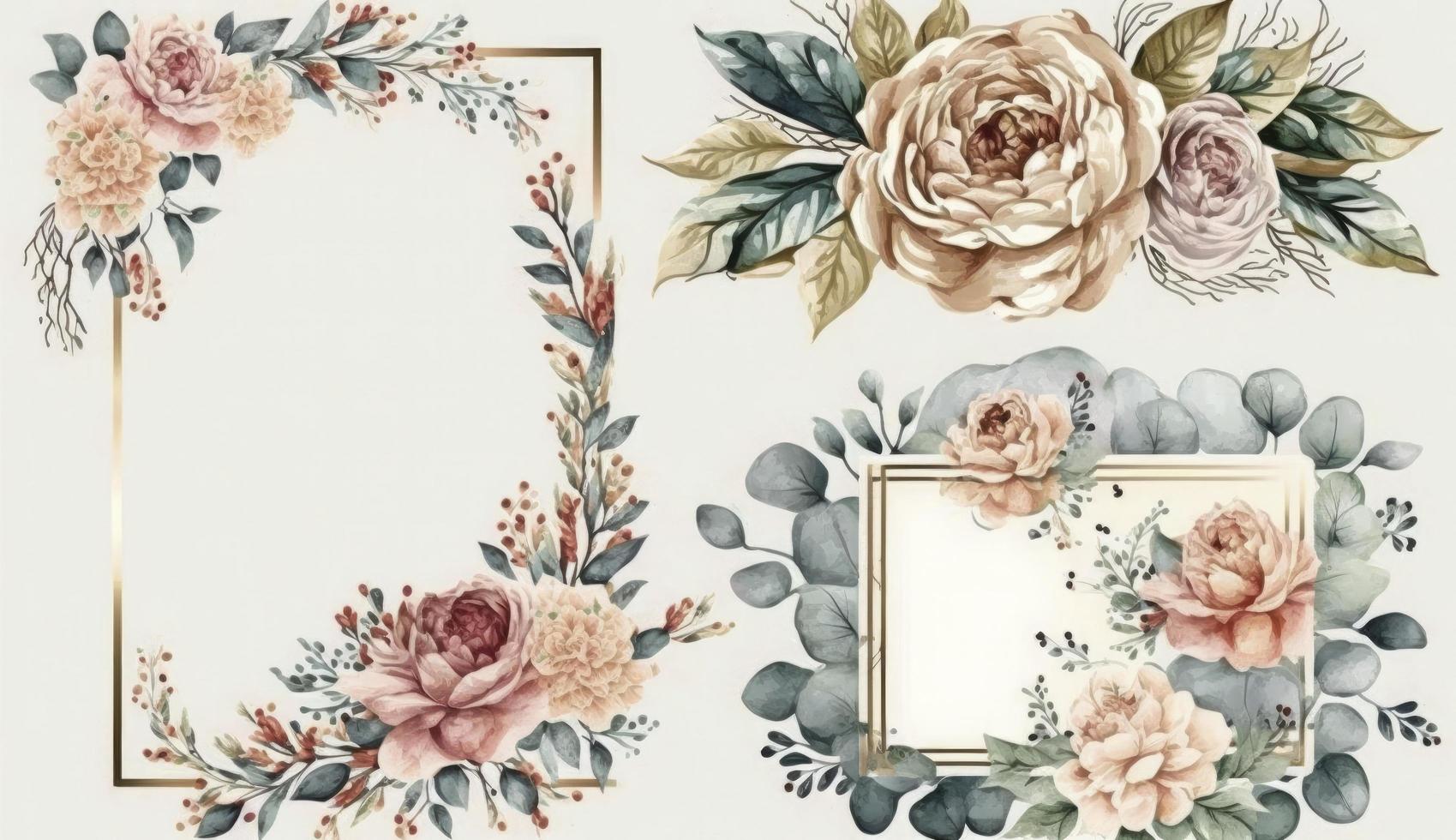 acquerello floreale illustrazione impostato - mazzi di fiori, telaio, confine. fiori, rosa, peonia, foglia rami collezione. nozze invita, sfondi, moda. eucalipto oliva le foglie camomilla, creare ai foto