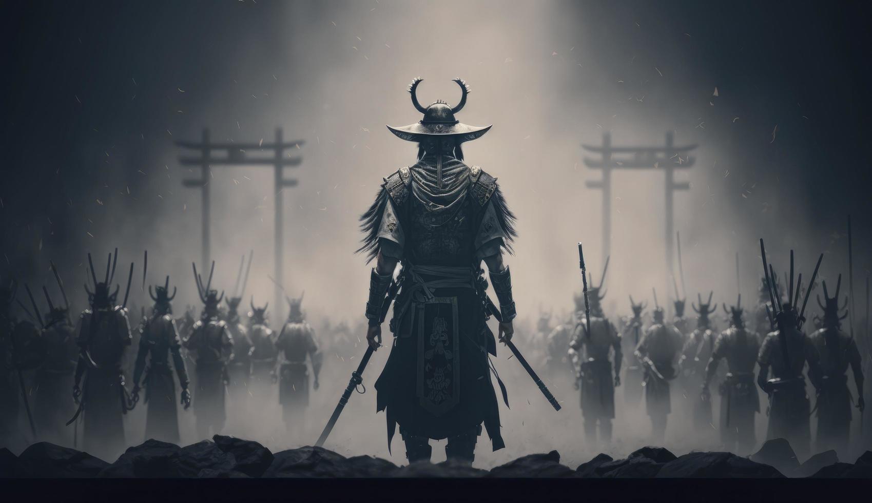 illustrazione pittura un' samurai con un' katana sta pronto per combattimento contro un' enorme esercito. 3d illustrazione. 3d illustrazione, digitale arte stile, creare ai foto