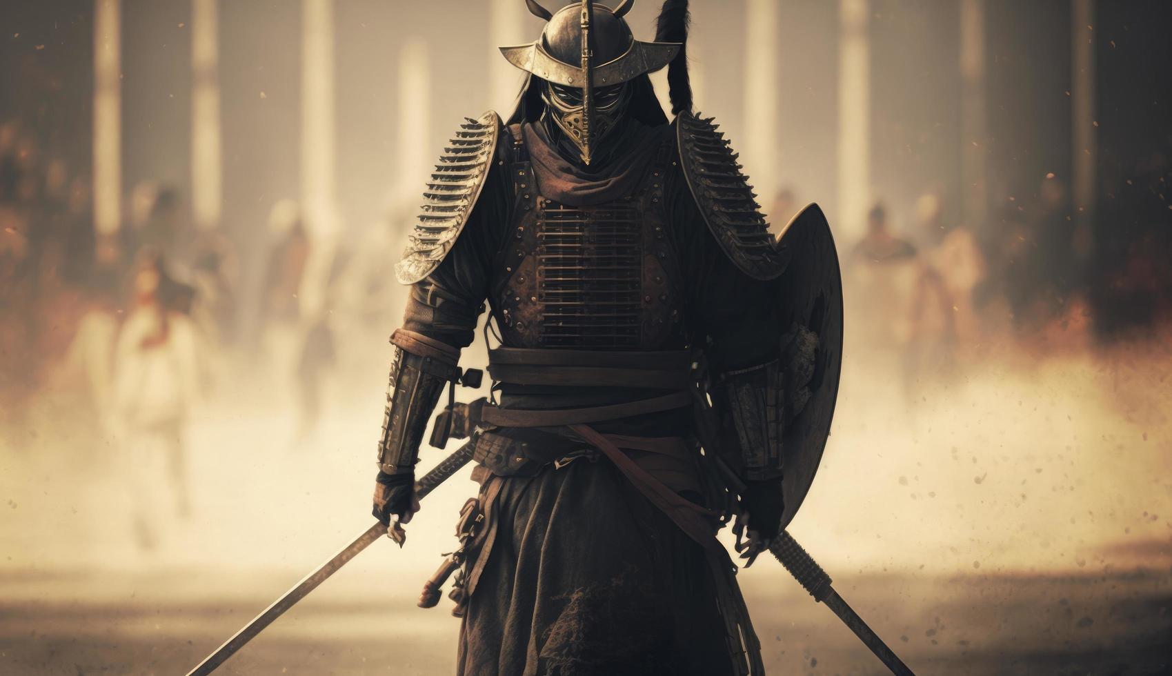 illustrazione pittura un' samurai con un' katana sta pronto per combattimento contro un' enorme esercito. 3d illustrazione. 3d illustrazione, digitale arte stile, creare ai foto