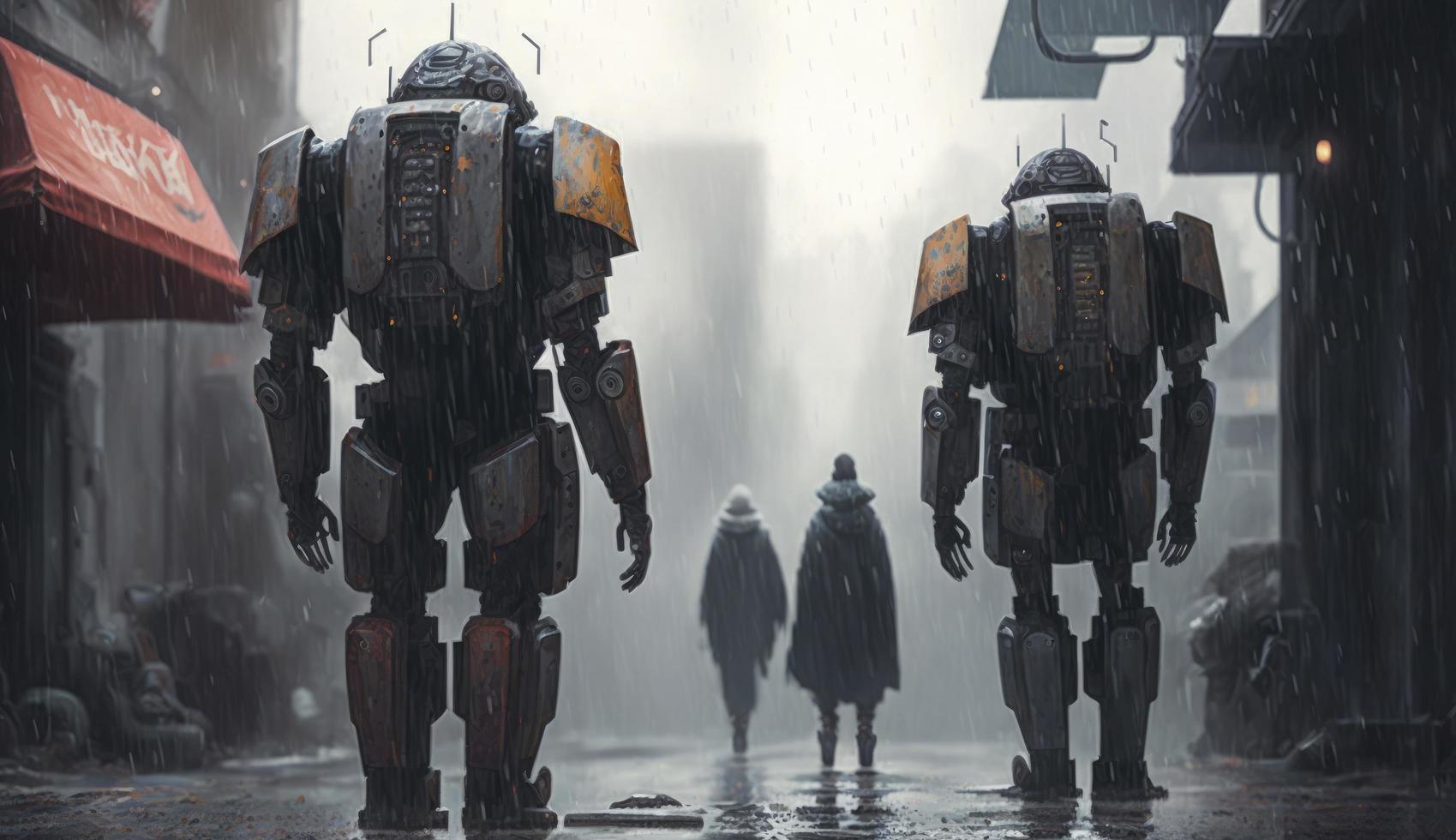 illustrazione pittura di robot indietro Visualizza su il strade di un abbandonato futuristico città su un' piovoso giorno., digitale arte stile, creare ai foto