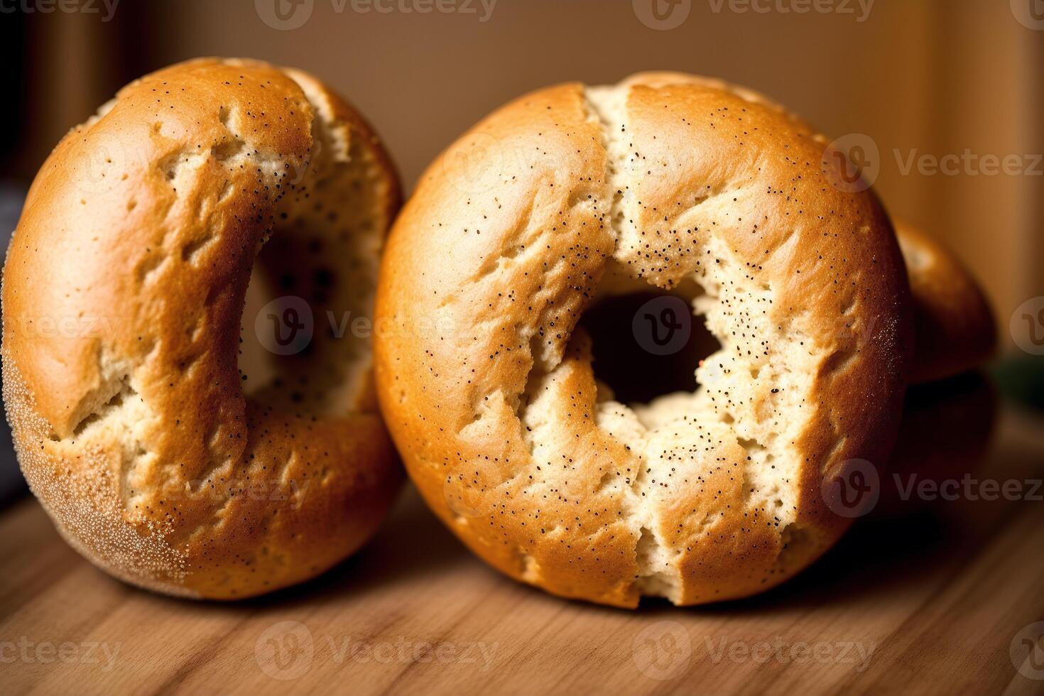 appena al forno pane su un' di legno asse, primo piano.bagel generativo ai foto