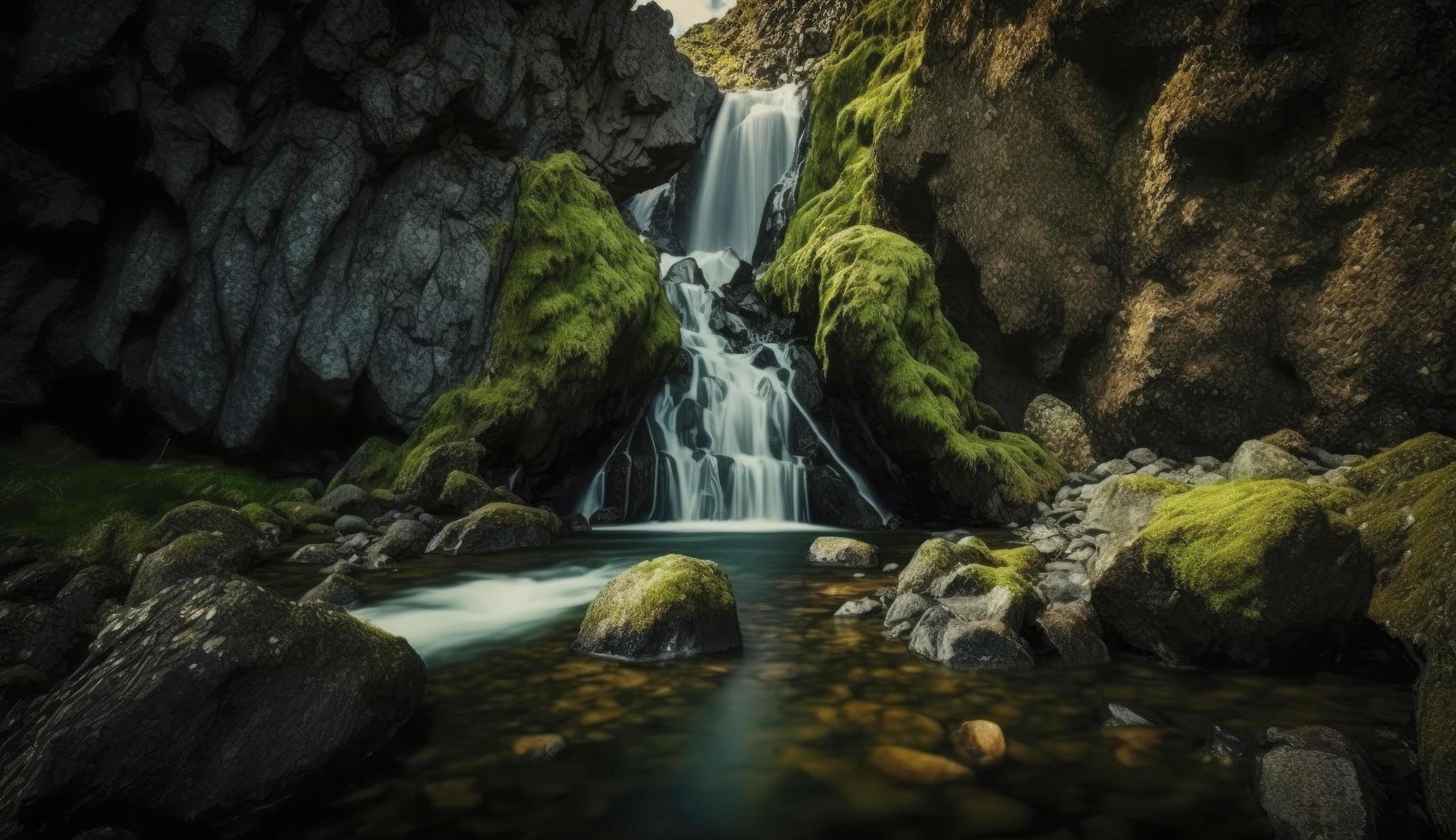 cascata paesaggio con rocce coperto nel verde muschio, creare ai foto