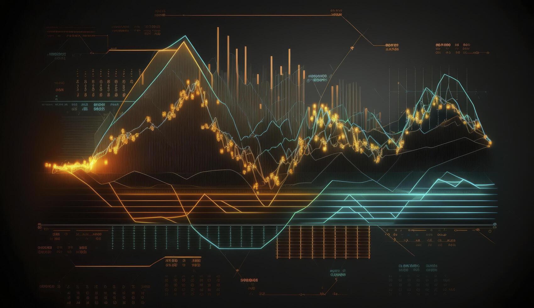 finanziario grafici, raggiante Linee e diagramma su digitale schermo. commercio mercato e economico concetto. finanziario crisi e inflazione. creato con generativo ai foto