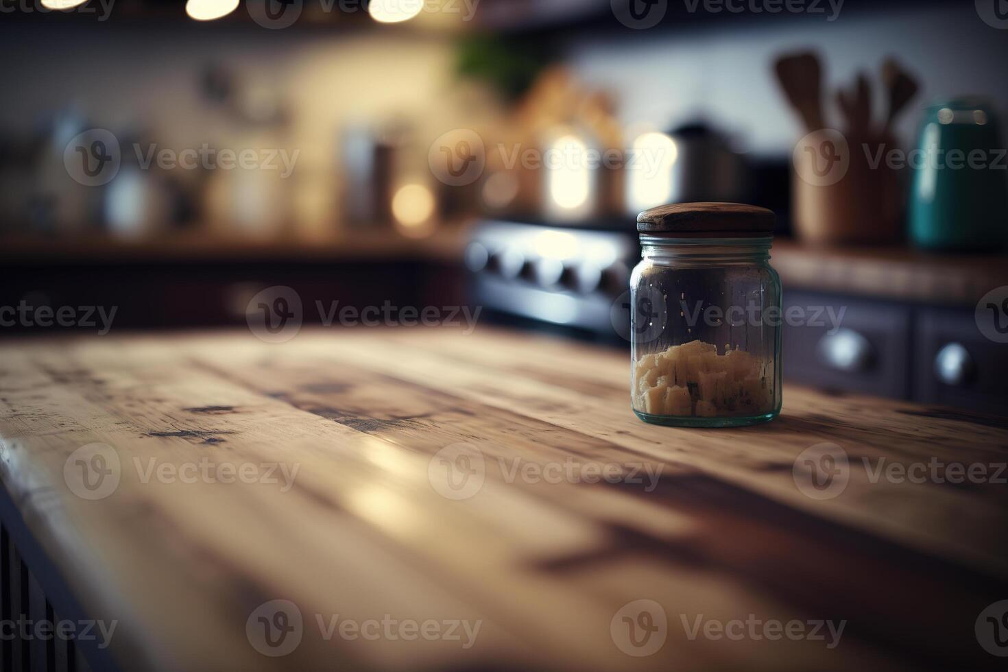 cucina di legno tavolo superiore con sfocatura sfondo. ai generato foto