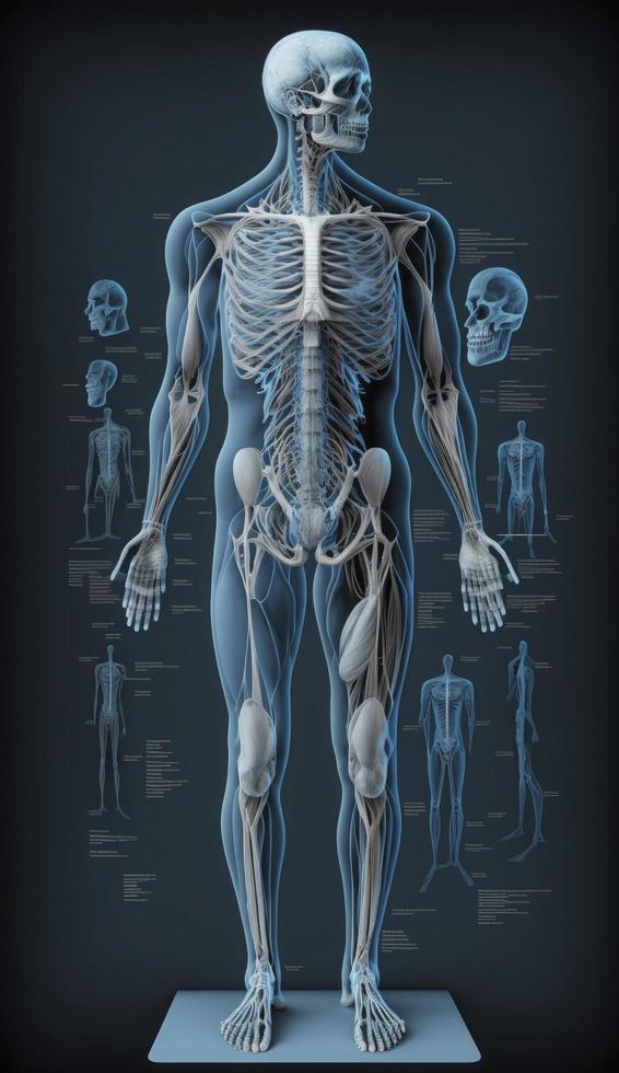 pieno umano corpo anatomia. 3d rendering, anatomico disegno, corpo muscolare sistema schizzo disegno, creare ai foto