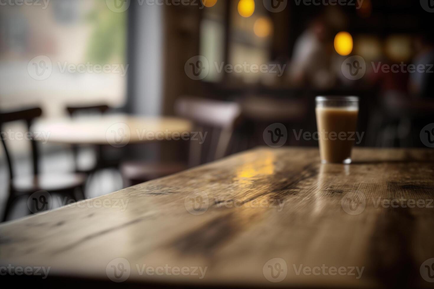 di legno tavolo nel davanti di astratto sfocato caffè negozio sfondo. ai generato foto