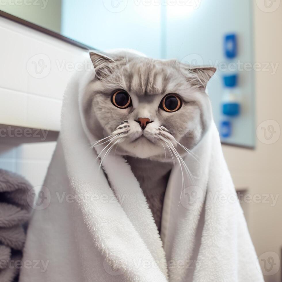 piegare gatto coccolato nel grande bianca asciugamano generativo ai foto