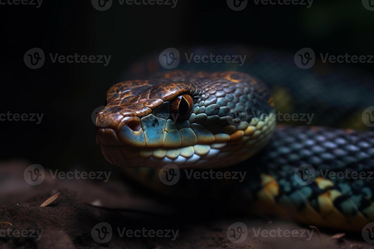 ai generativo avvicinamento di il testa di un' serpente su un' buio sfondo foto