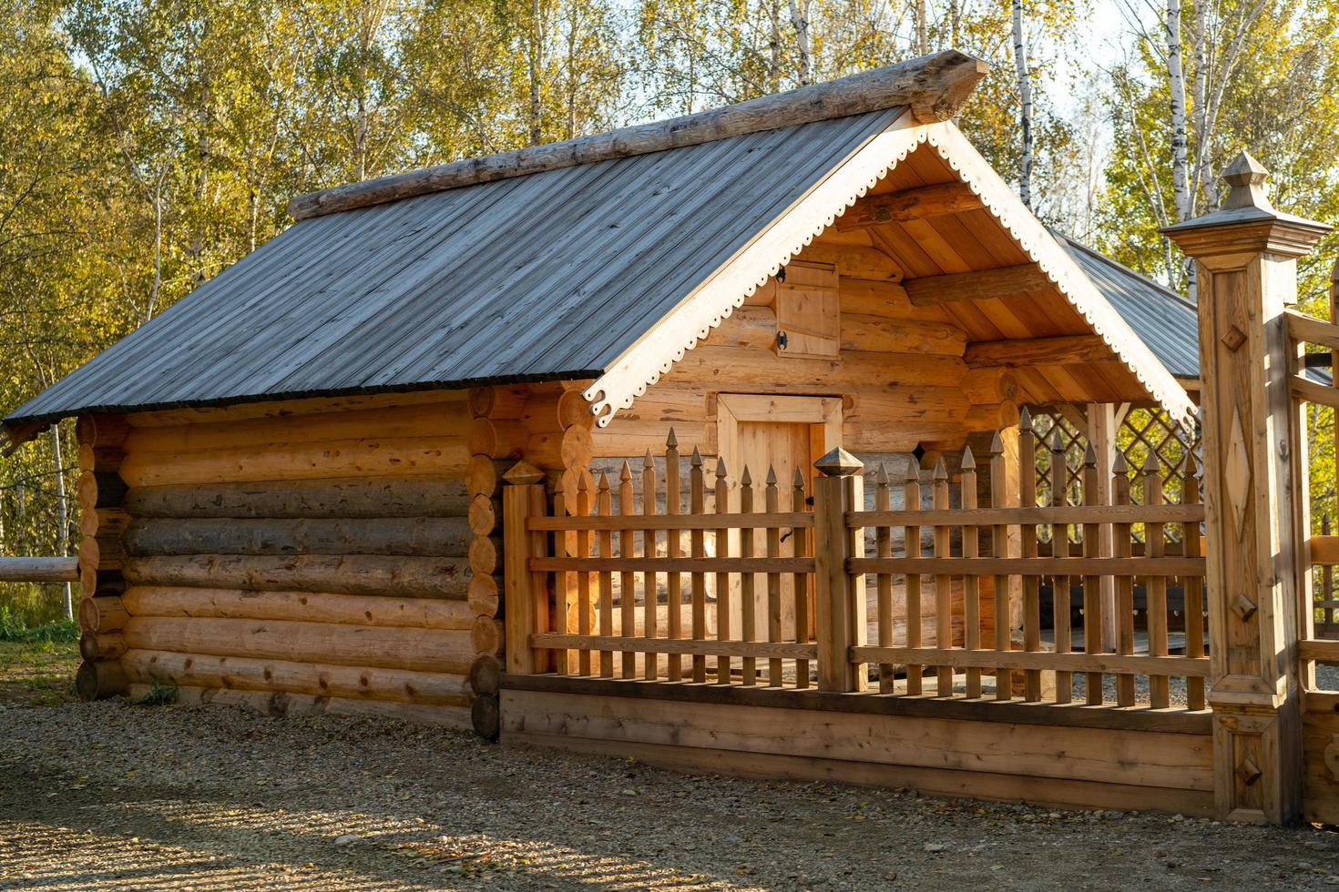 cabina in una foresta di betulle a taltsy, russia foto