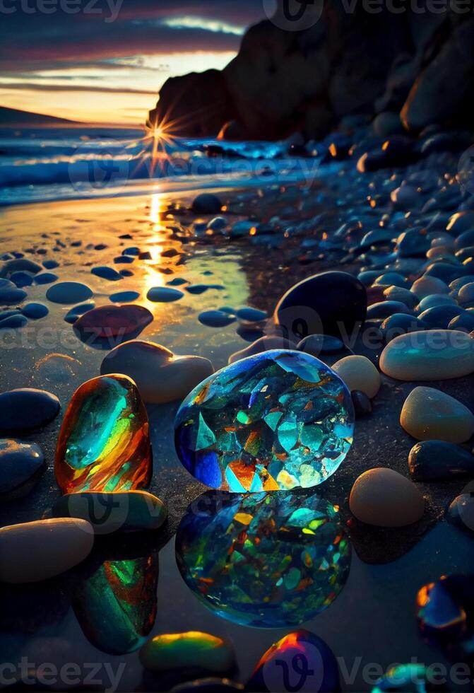 mazzo di rocce seduta su superiore di un' spiaggia. generativo ai. foto