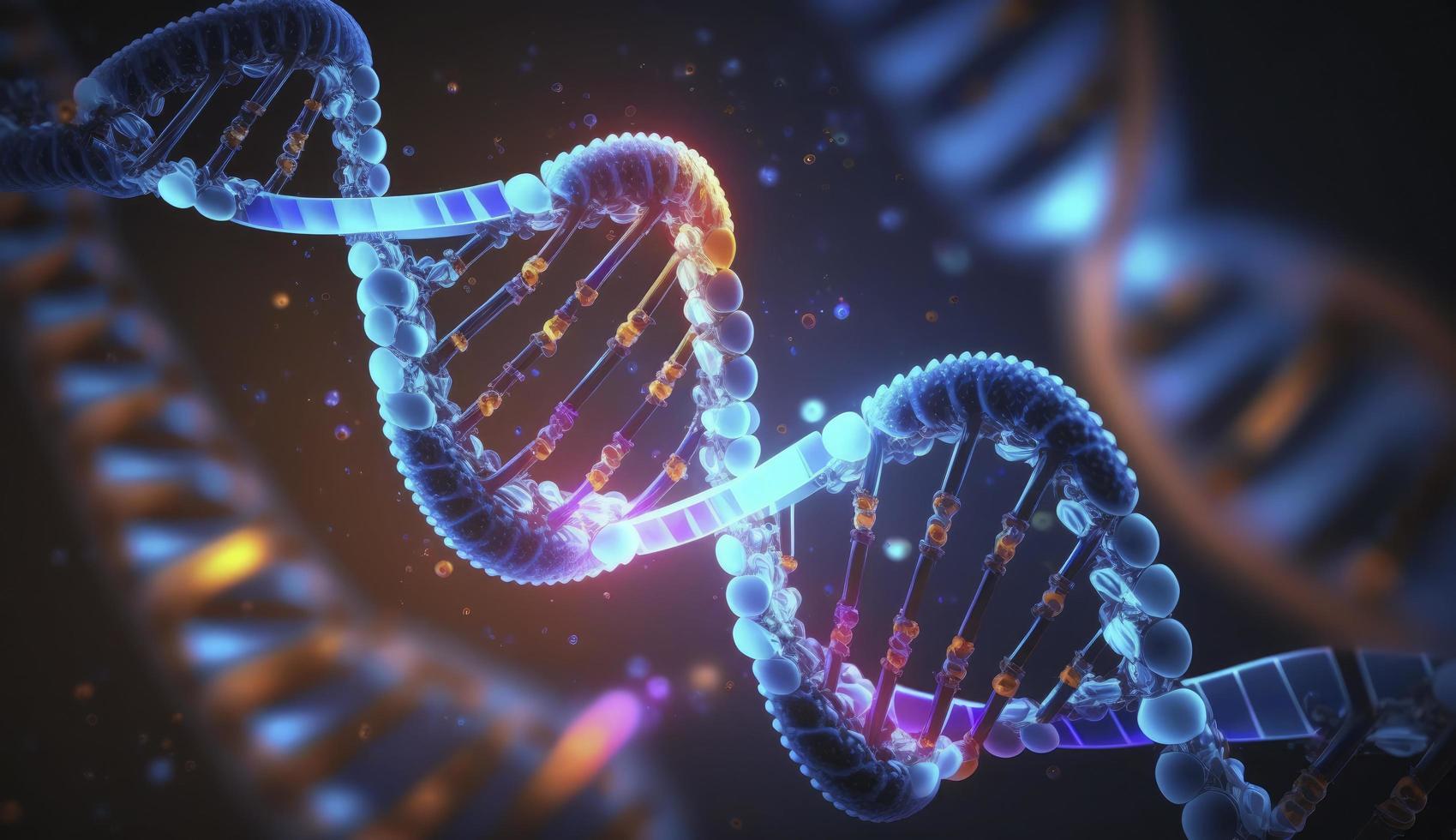 blu cromosoma dna e gradualmente raggiante sfarfallio leggero importa chimico quando telecamera in movimento avvicinamento. medico e eredità genetico Salute concetto. tecnologia scienza. 3d rendering, creare ai foto