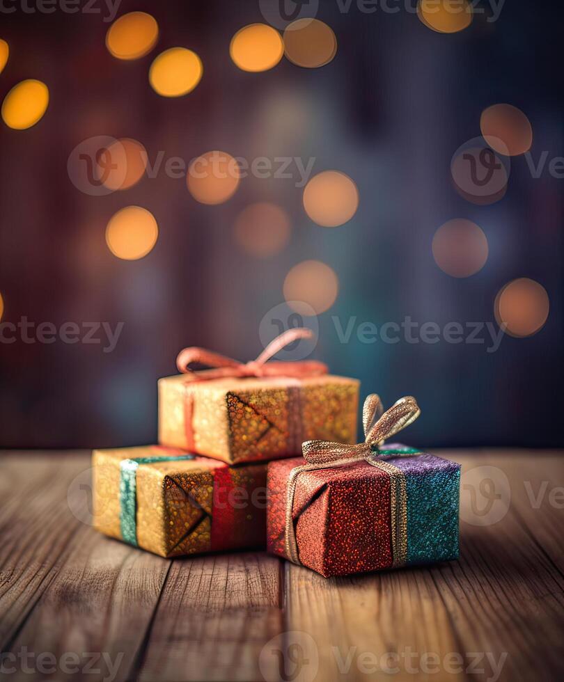 Natale regali avvolto nel rosso carta con oro nastro su su di legno tavolo sfondo e bokeh. posto per tipografia e logo. copia spazio. generativo ai. foto