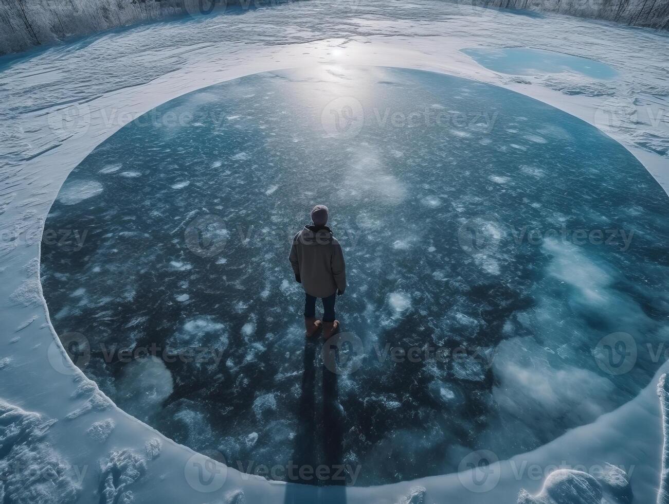 un' uomo sta su trasparente ghiaccio generativo ai foto