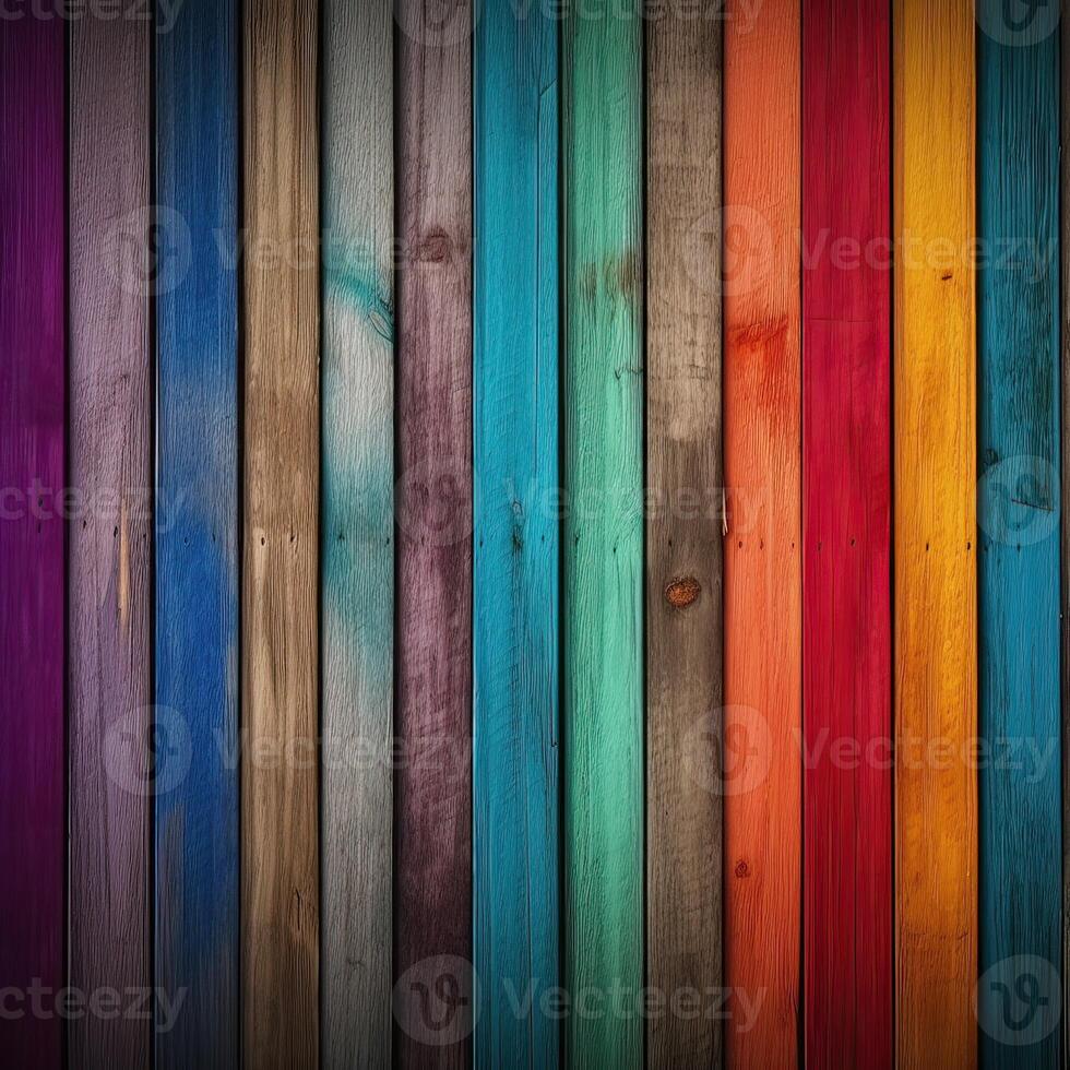 di legno colorato arcobaleno sfondo fatto di di legno tavole con copia spazio per testo. generativo ai. foto