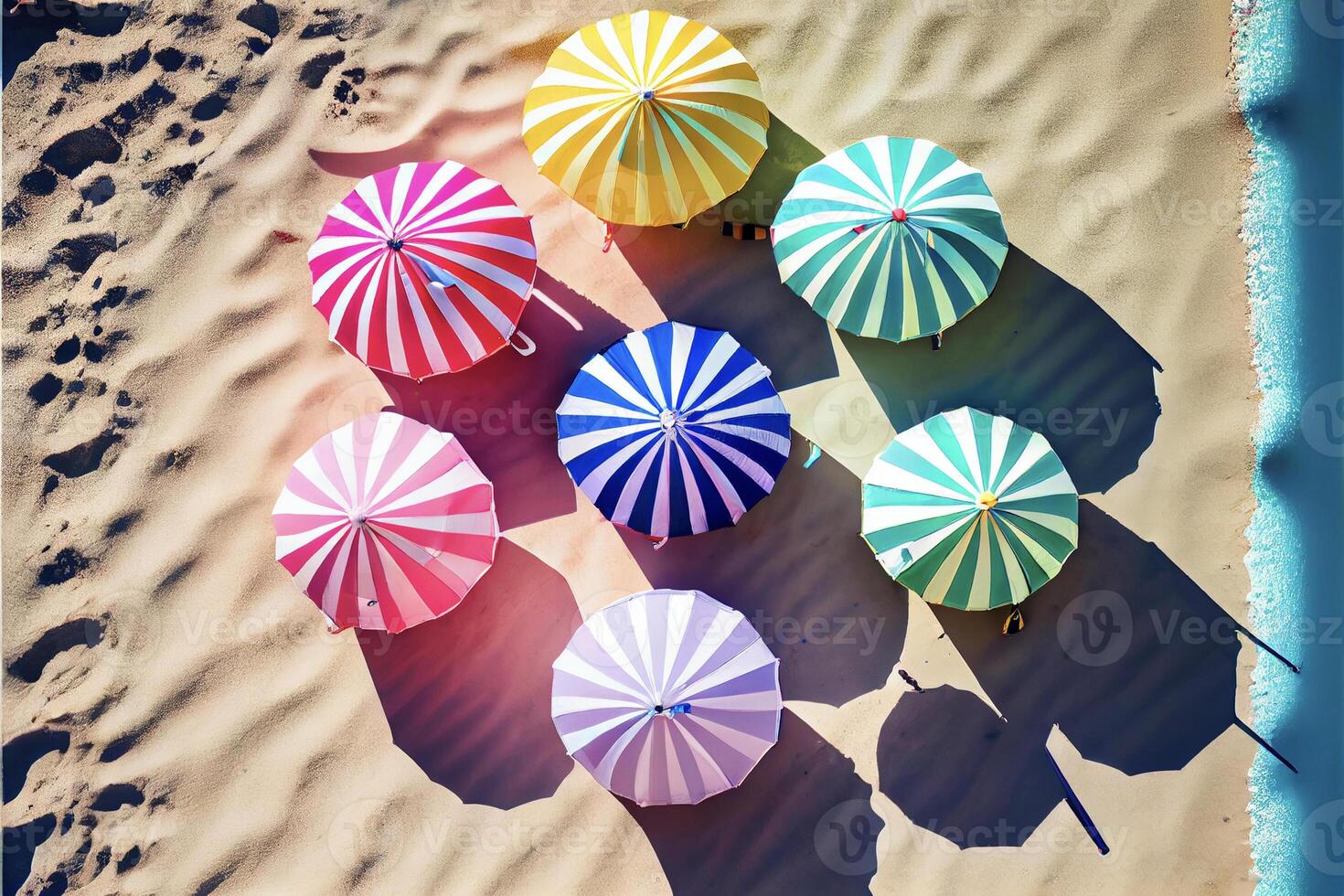 gruppo di colorato ombrelli seduta su superiore di un' sabbioso spiaggia. generativo ai. foto