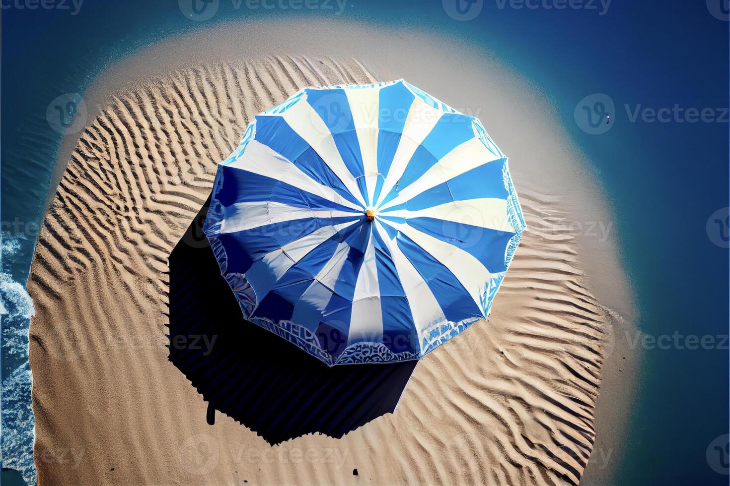blu e bianca ombrello seduta su superiore di un' sabbioso spiaggia. generativo ai. foto