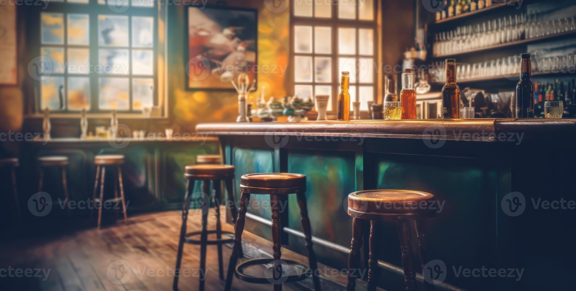 debolmente illuminato pub interno evoca calore, con suo bar contatore e di legno sedie. generativo ai foto
