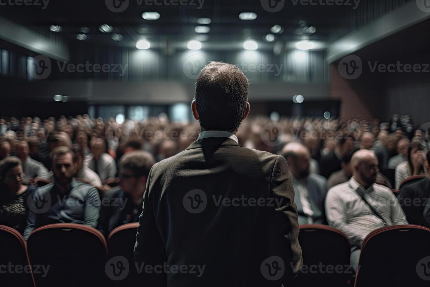 pubblico altoparlante dando parlare nel conferenza sala a attività commerciale evento. generativo ai foto