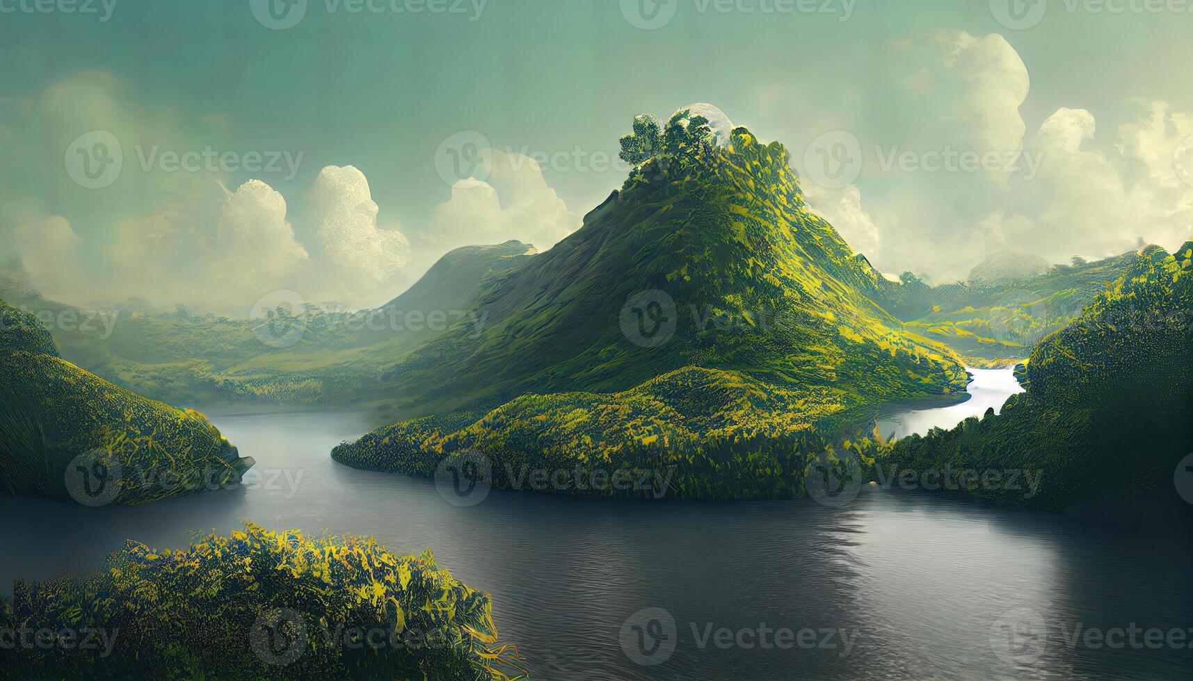 un' concettuale Immagine mostrando un' a forma di polmone lago nel un' lussureggiante e incontaminato giungla. generativo ai foto