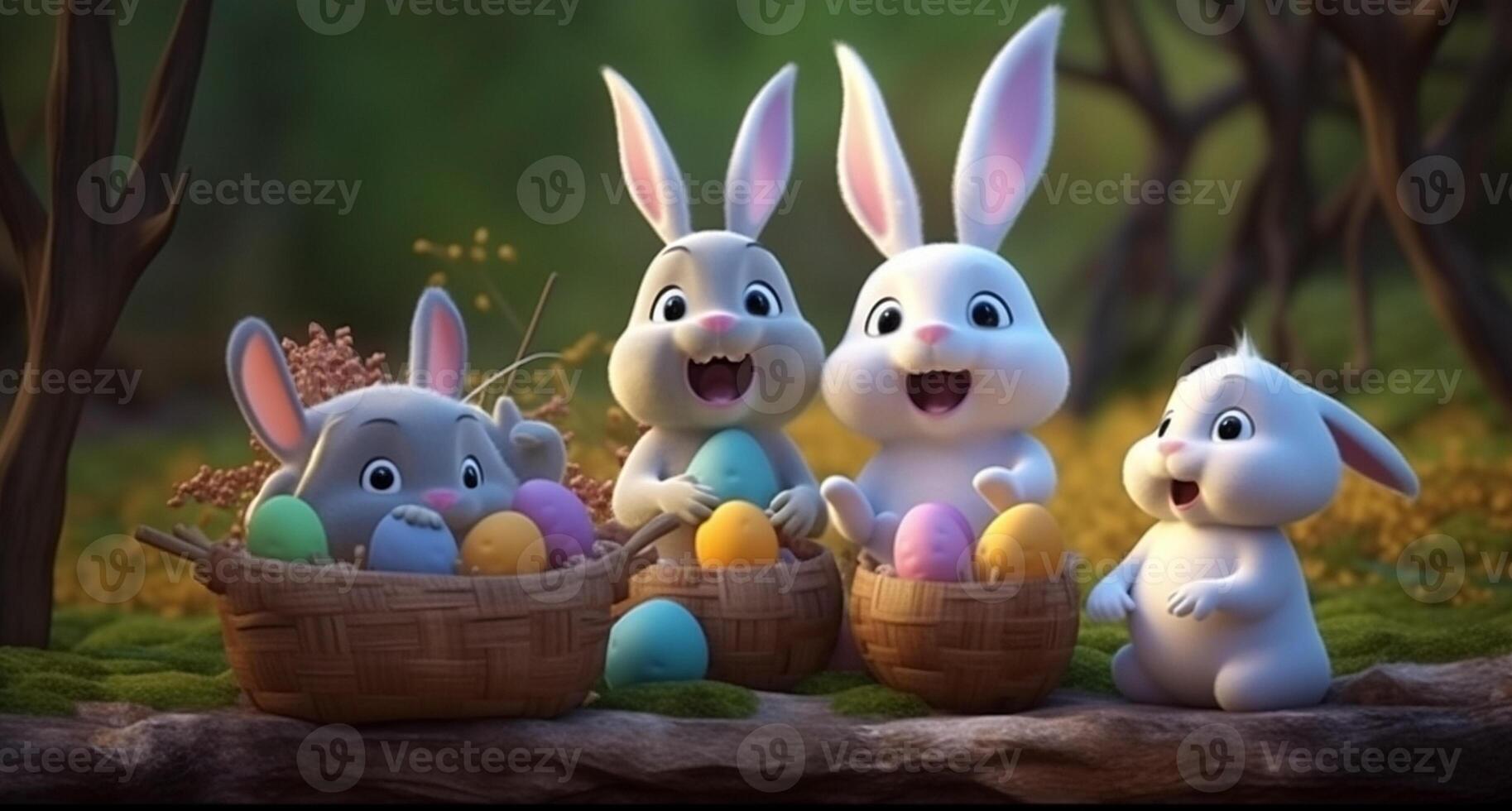 Pasqua giorno manifesto, carino coniglietto famiglia personaggi e Pasqua uova. generativo ai foto