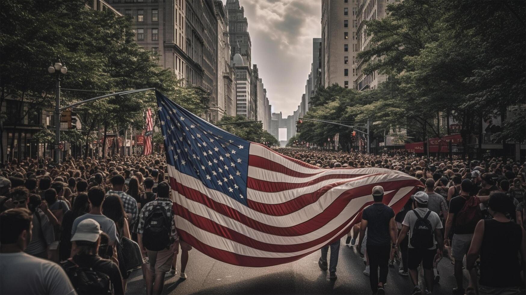 foto di folla di persone a piedi nel città, concetto sfondo festeggiare americano indipendenza giorno, generato ai