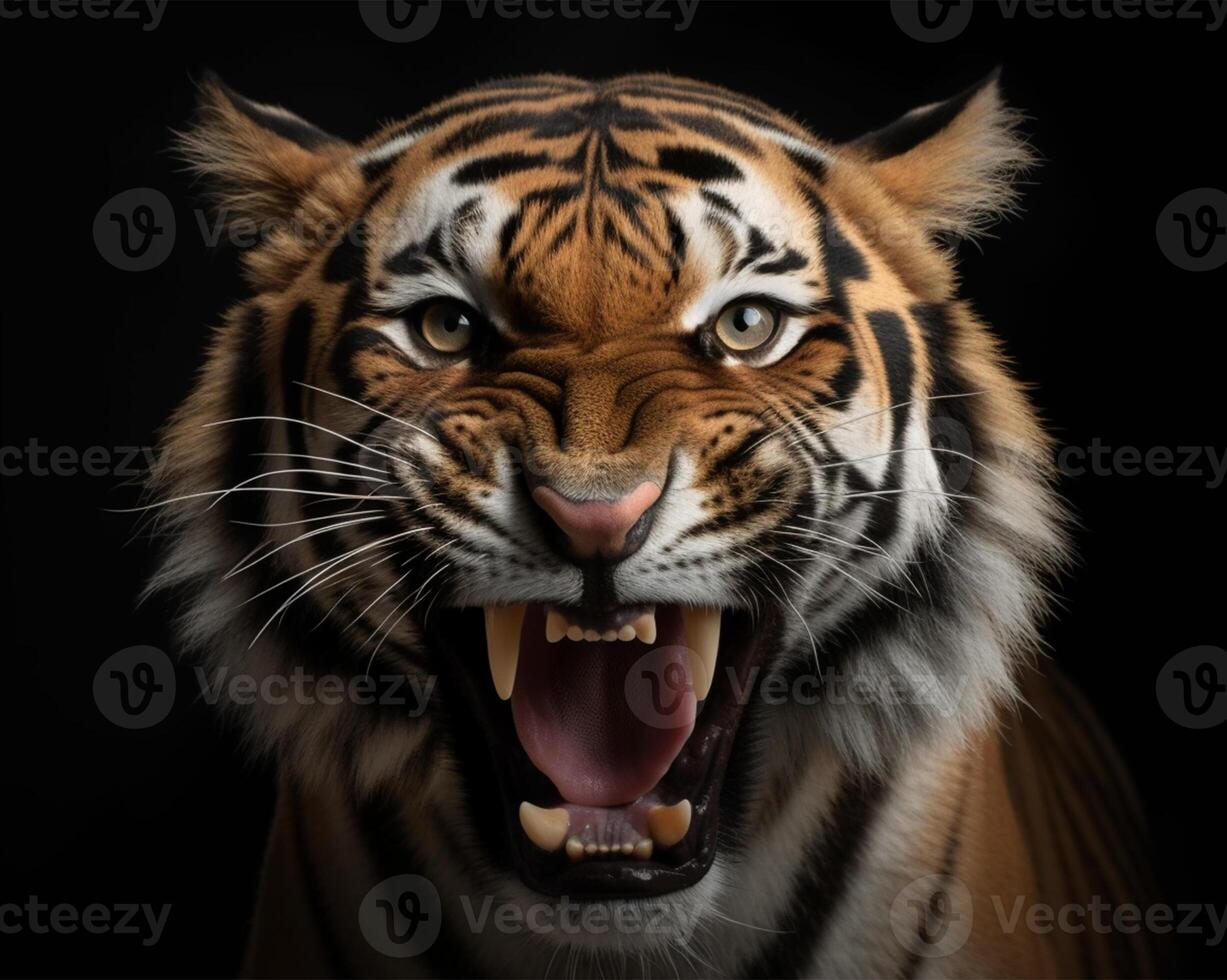 dettagliato ritratto di un' ruggente di tigre viso, isolato su nero sfondo. generativo ai foto