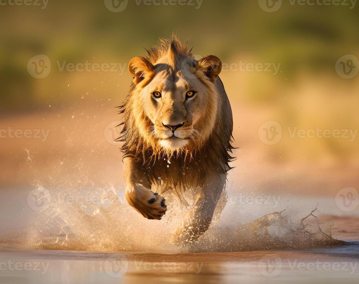 bellissimo ritratto, Visualizza di Leone in esecuzione su acqua, generativo ai foto