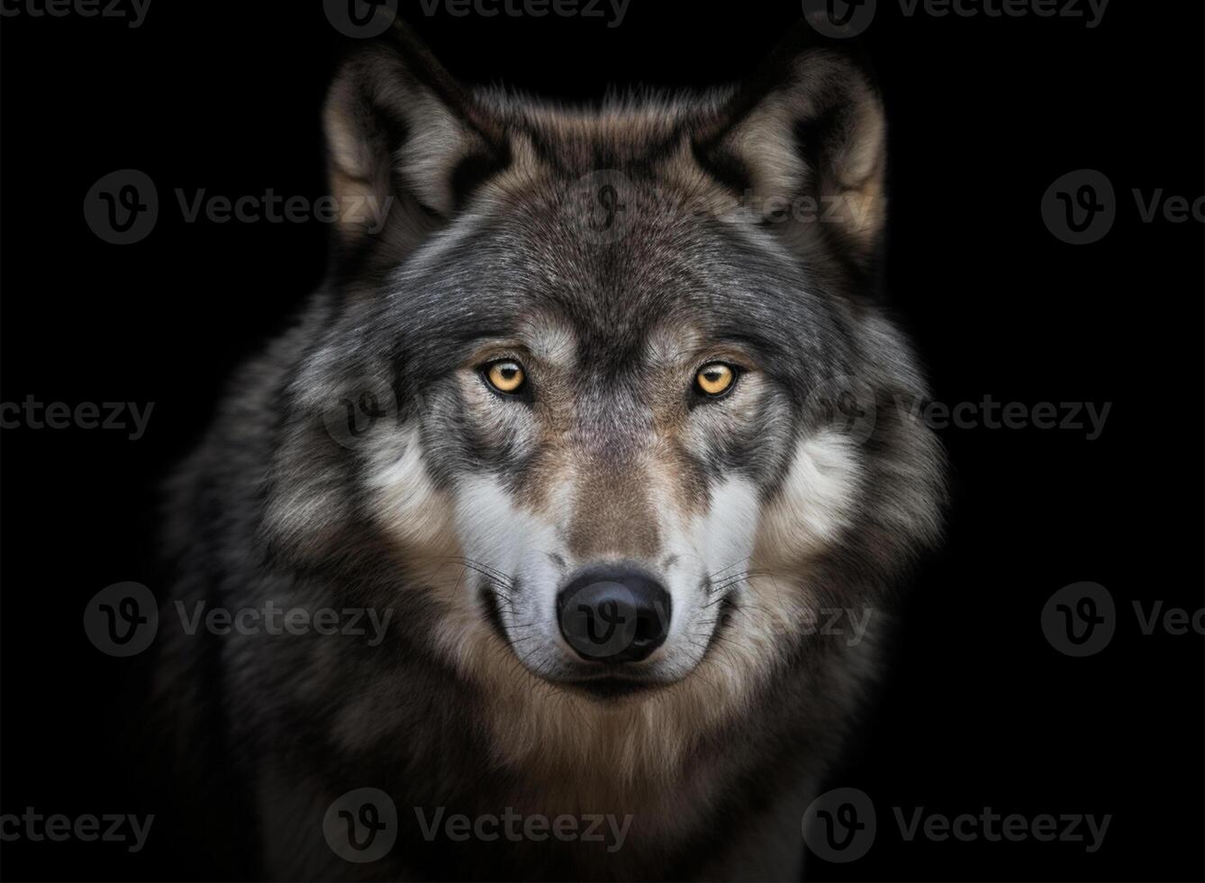 dettagliato ritratto di un' di lupo viso, contro un' buio sfondo, generativo ai foto