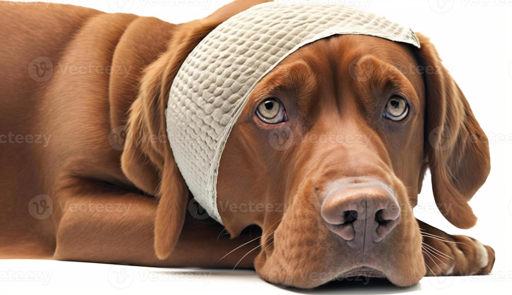 un' malato cane si siede con un' bendare su il suo testa e un' bianca sfondo. ai generato. foto