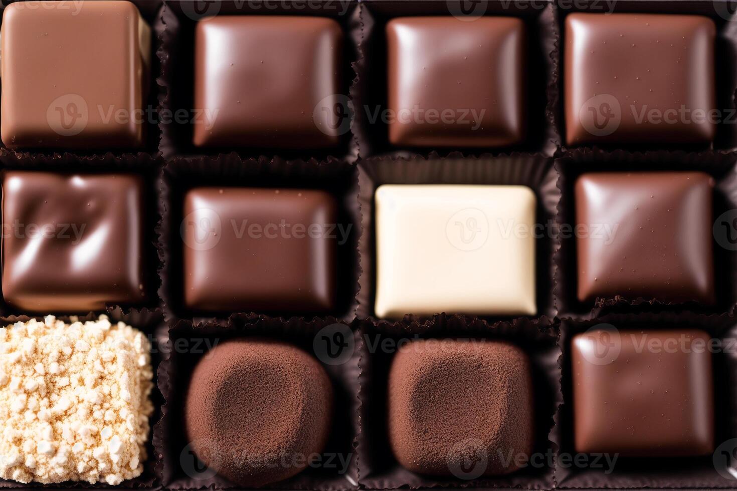 un assortimento di cioccolato, caramella, barre e cioccolato pezzi su un' di legno sfondo, dolce cibo. cioccolato torta. generativo ai foto