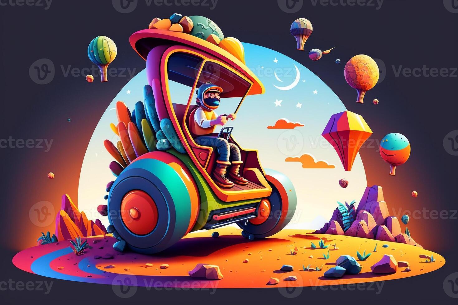 illustrazione di un' persona avventura attraverso un' cartone animato mondo, equitazione un' colorato cartone animato veicolo. ai generato foto