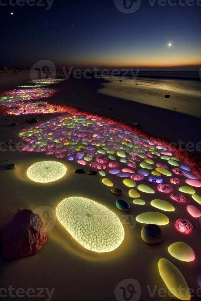 gruppo di rocce seduta su superiore di un' sabbioso spiaggia. generativo ai. foto
