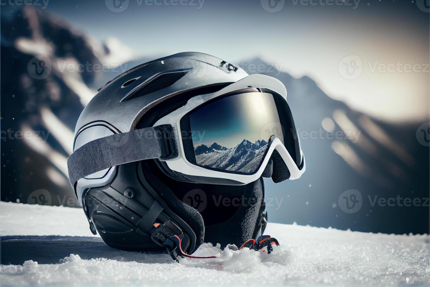 casco e occhiali seduta nel il neve. generativo ai. foto