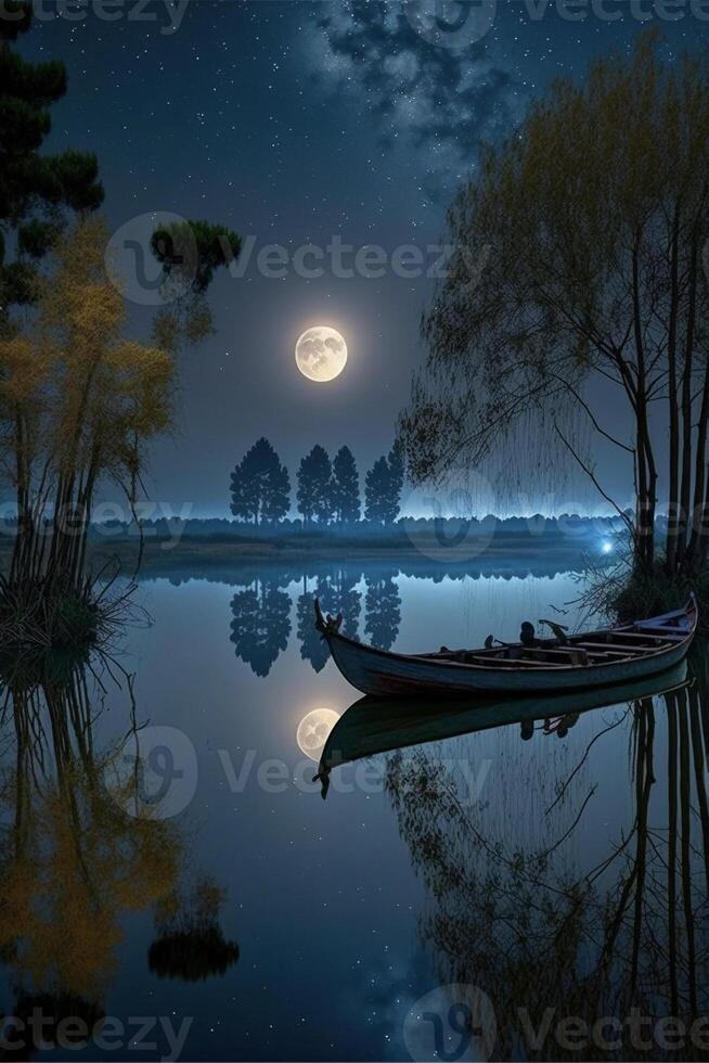 barca galleggiante su superiore di un' lago sotto un' pieno Luna. generativo ai. foto