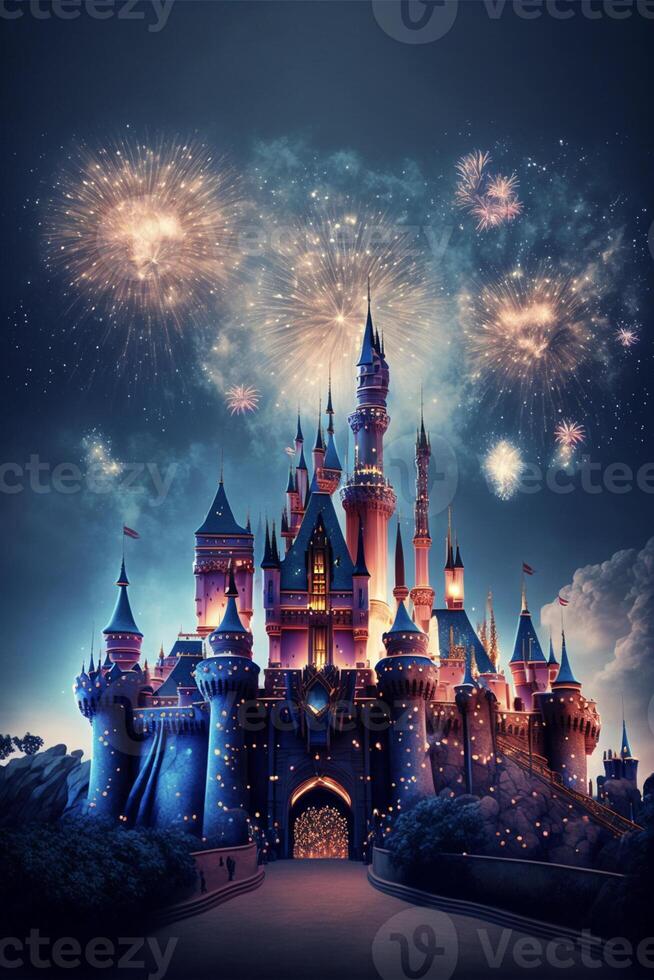 castello con un' lotto di fuochi d'artificio nel il cielo. generativo ai. foto