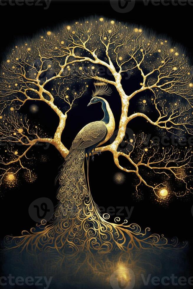 pittura di un' pavone seduta su superiore di un' albero. generativo ai. foto