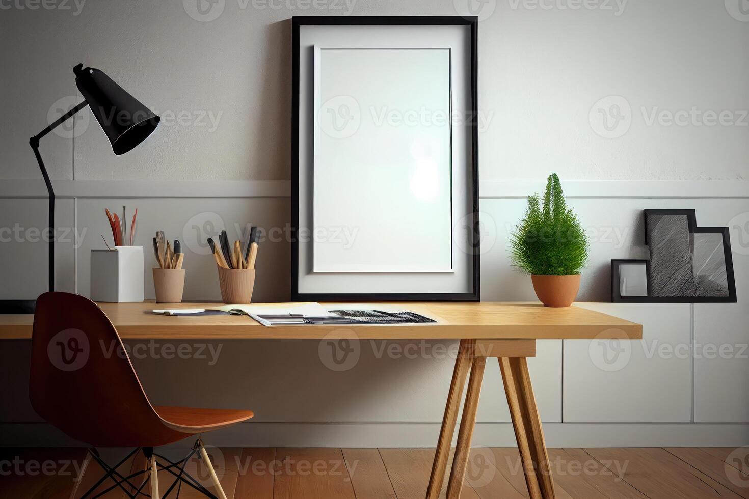 finto su manifesto o foto telaio su tavolo minimalismo soffitta scrivania spazio . ai generato