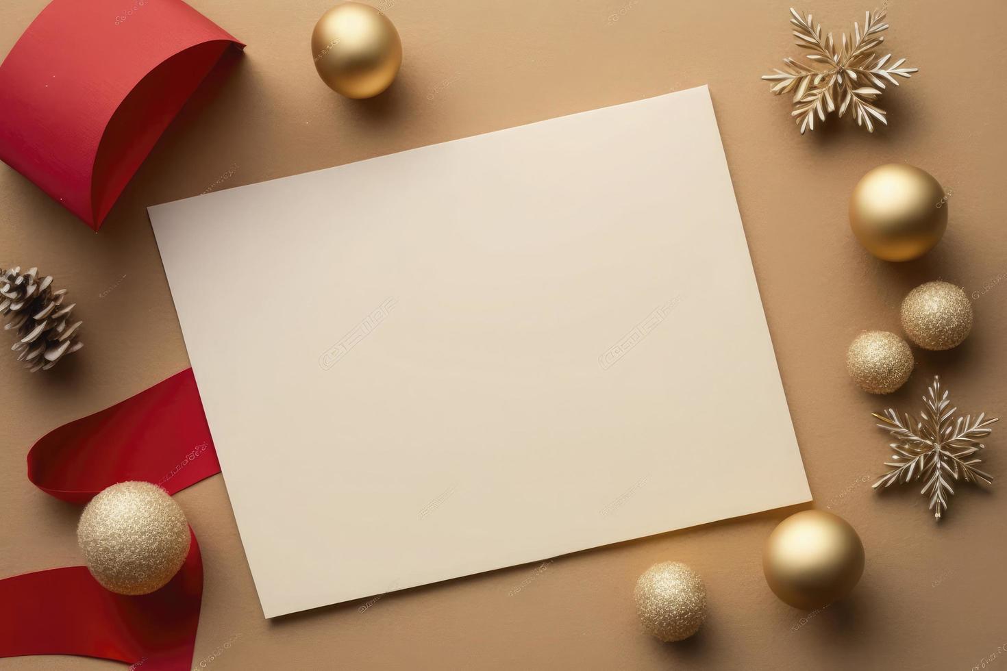 vuoto carta vuoto per Natale o nuovo anno saluto carta. regalo scatole, vacanza decorazioni su d'oro sfondo superiore Visualizza. piatto posare stile. azione foto Natale, lettera, creare ai