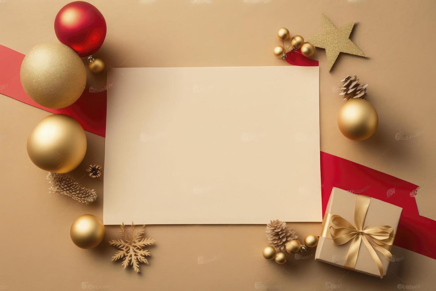 vuoto carta vuoto per Natale o nuovo anno saluto carta. regalo scatole, vacanza decorazioni su d'oro sfondo superiore Visualizza. piatto posare stile. azione foto Natale, lettera, creare ai