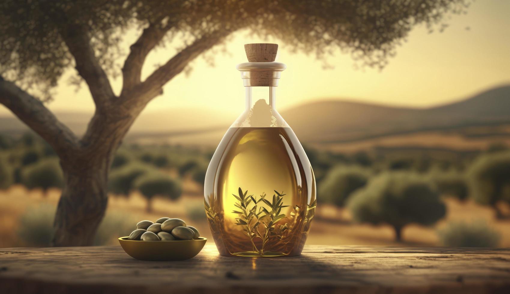 d'oro oliva olio bottiglia su di legno tavolo oliva campo nel mattina luce del sole con copyspace sono, creare ai foto