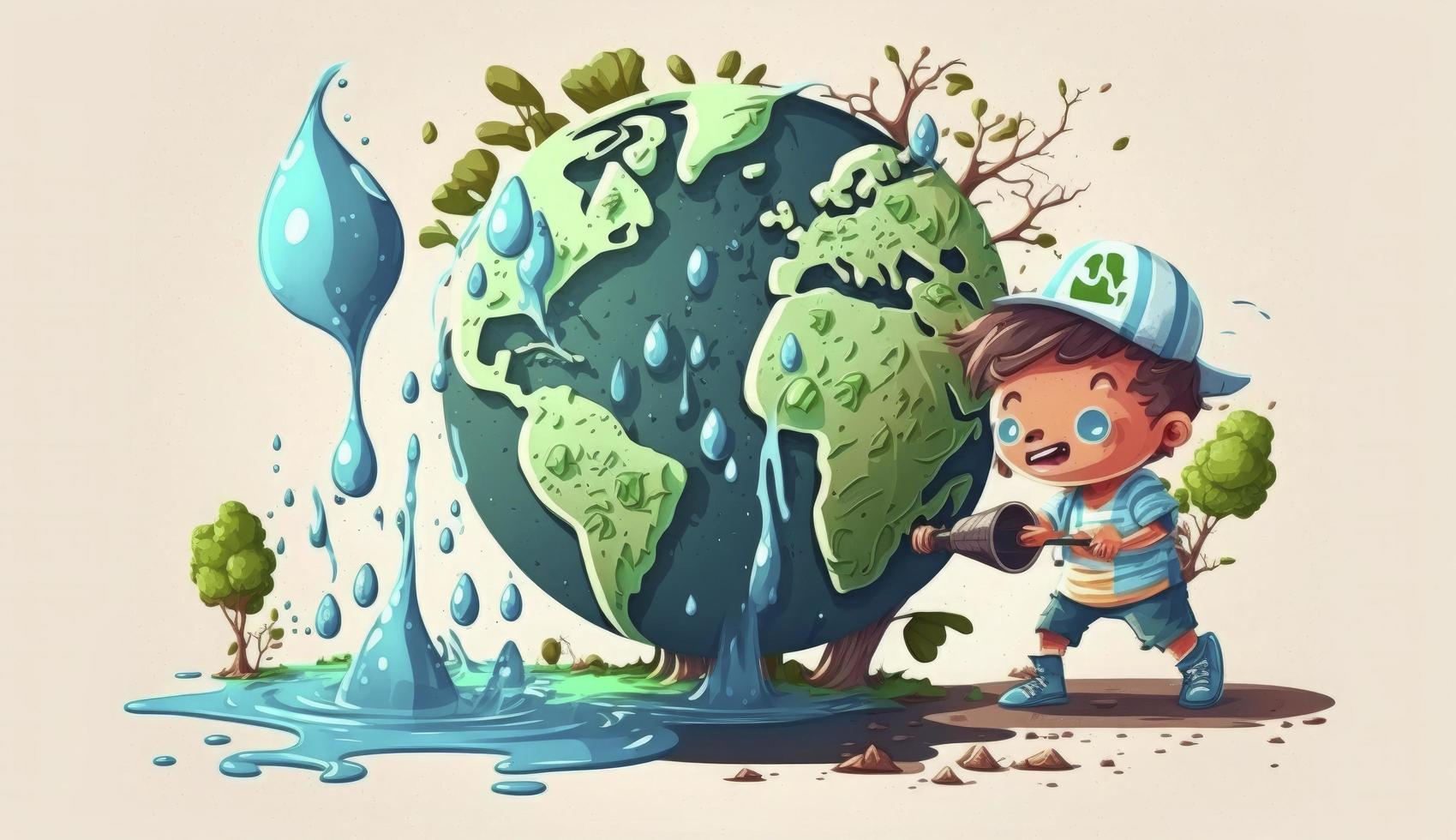 concetto di ecologia e mondo acqua giorno .cartone animato arte, mondo terra giorno manifesto, striscione, carta, aprile 22, Salvataggio il pianeta, ambiente, pianeta terra, creare ai foto