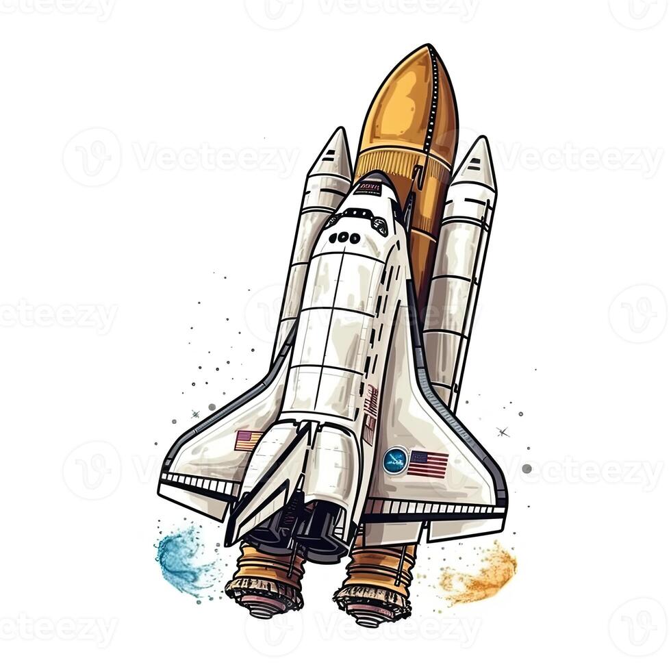 cartone animato razzo spazio nave prendere spento, isolato vettore illustrazione. navicella spaziale icona logo. generativo ai. foto