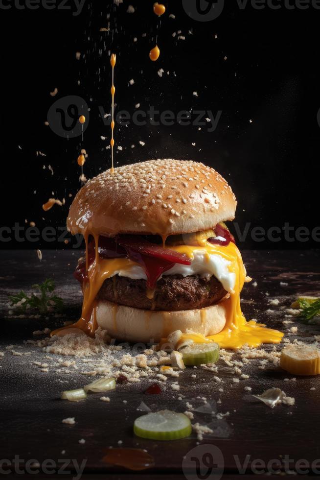 americano cibo. hamburger strati isolato. separato hamburger strati. Hamburger esplosione. hamburger al formaggio volante otturazioni isolato. levitazione di hamburger e formaggio, carne, lattuga. generativo ai foto